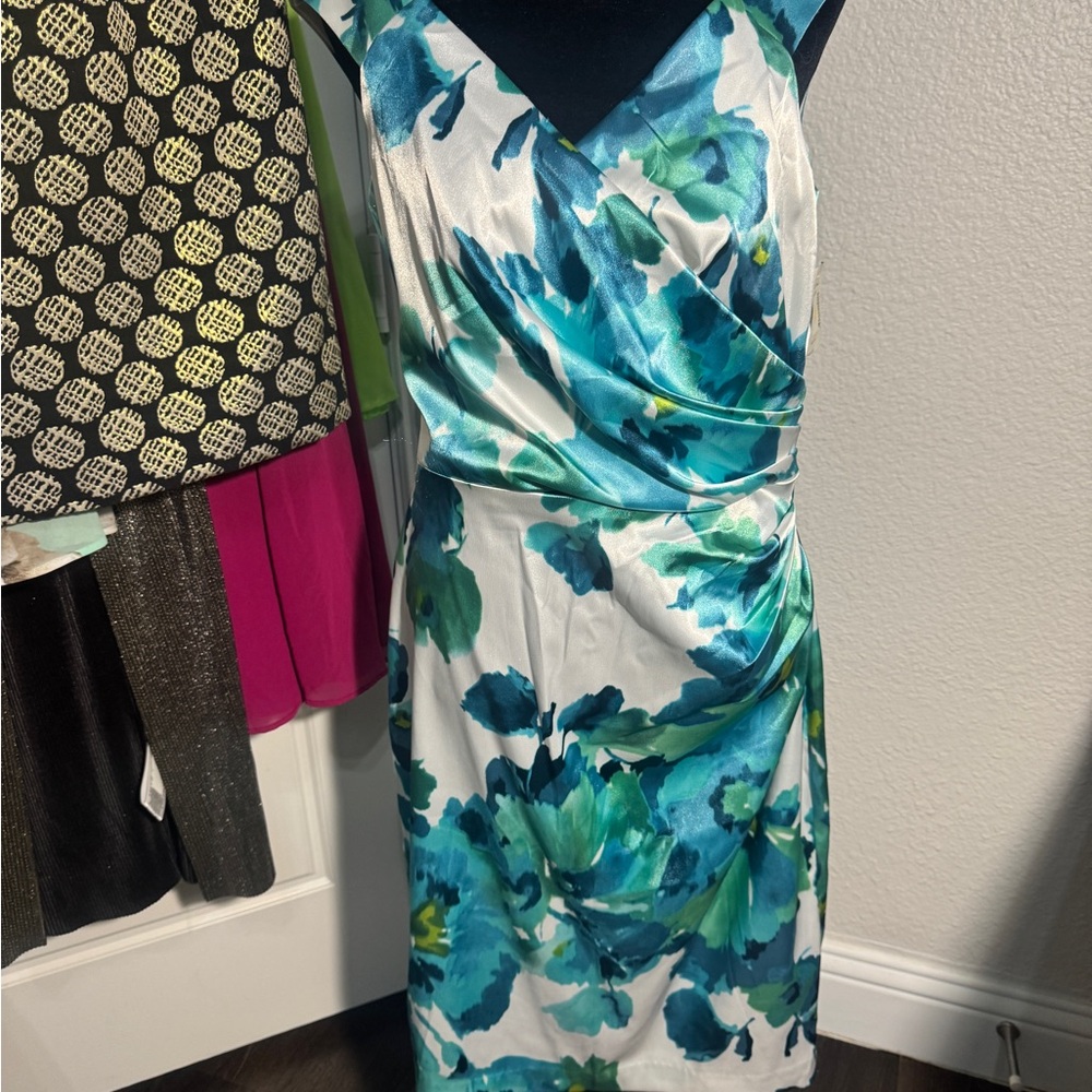 London Times Blue and Green Floral Midi Dress